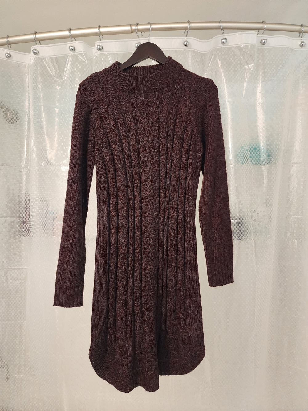Women's Cable Knit Long Sleeve Burgundy Sweater Dress